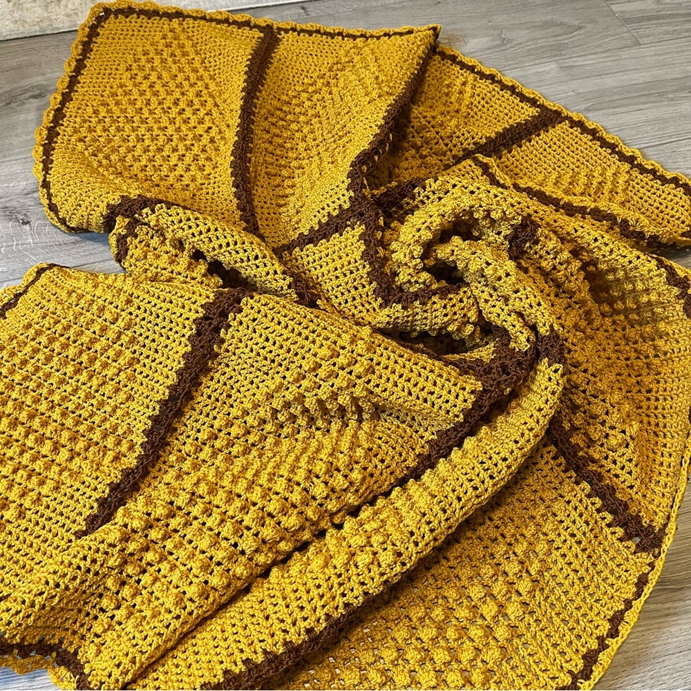 Handmade Crochet Granny Square Blanket Mustard Yellow Brown Fall Themed 41”x58”